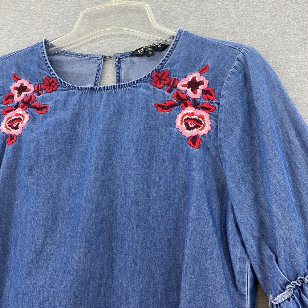 Express‎ Embroidered Denim Bell Sleeve Boho Blue Floral Ruffle Flare Long Sleeve - Picture 2 of 8